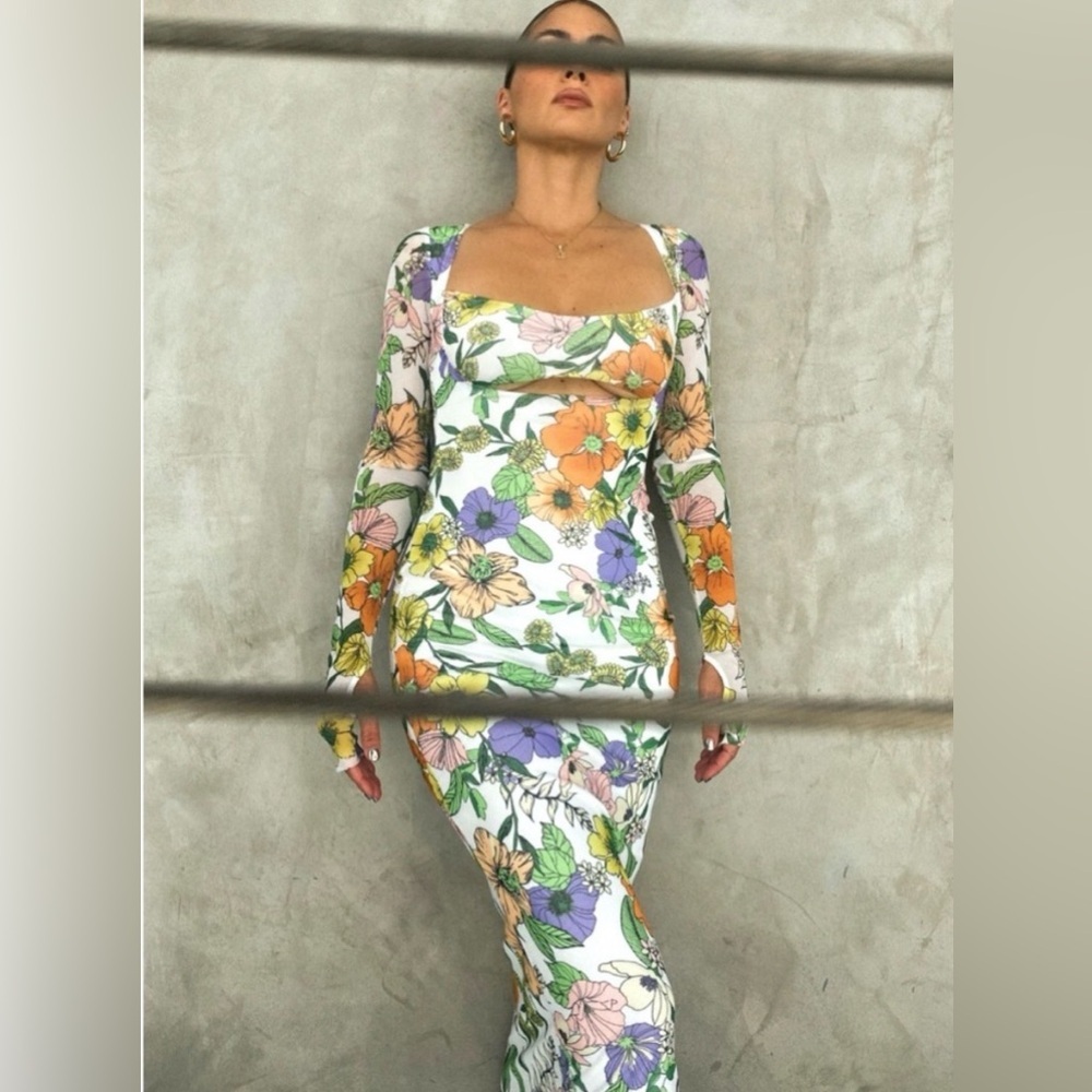 AFRM Kellen Cutout Long Sleeve Mesh Midi Dress